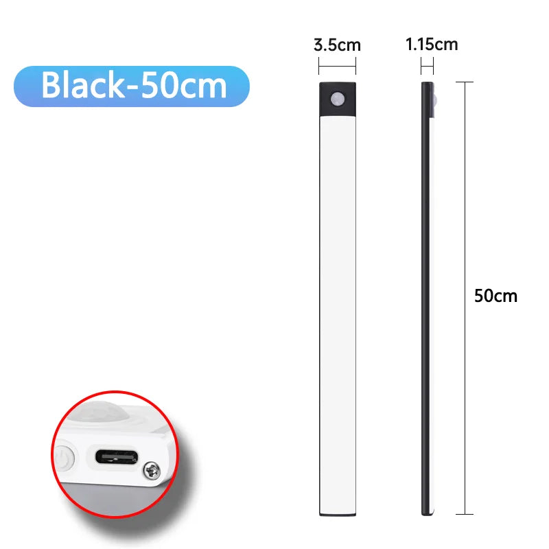 Luz LED Recargable USB Tipo C   Se enciende automáticamente al detectar movimiento. Disponible en 10 cm, 20 cm, 30 cm, 40 cm y 50 cm.