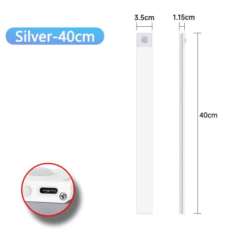 Luz LED Recargable USB Tipo C   Se enciende automáticamente al detectar movimiento. Disponible en 10 cm, 20 cm, 30 cm, 40 cm y 50 cm.