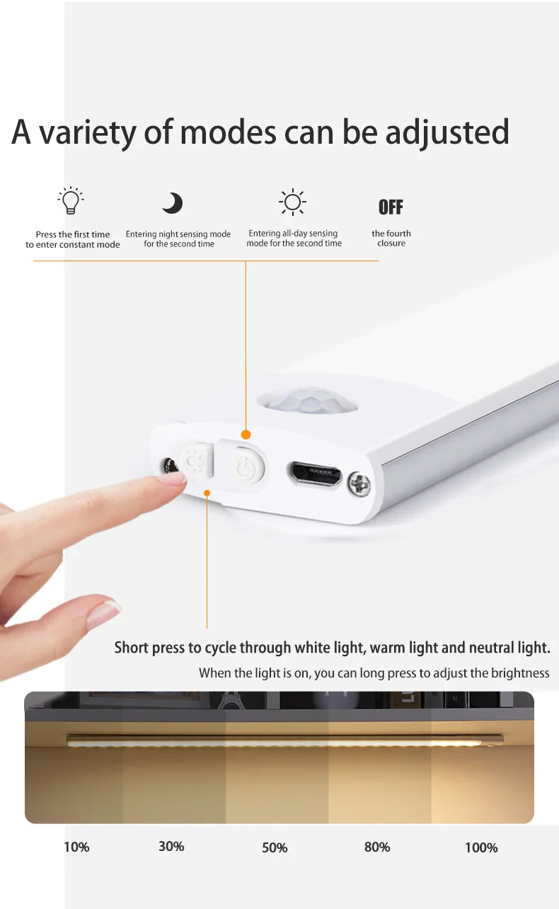 Luz LED Recargable USB Tipo C   Se enciende automáticamente al detectar movimiento. Disponible en 10 cm, 20 cm, 30 cm, 40 cm y 50 cm.
