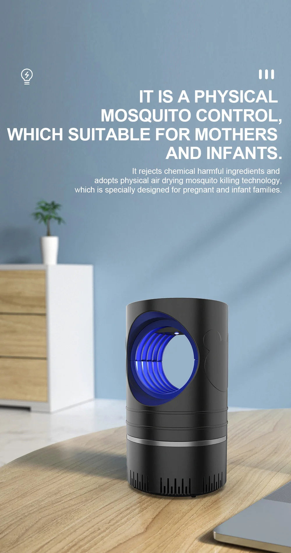 1 PC Lámpara Eléctrica Mata Moscas, Mosquitos e Insectos con Luz LED, Trampa de Control de Plagas de Tamaño Compacto, Alimentación por USB y Adaptador Incluido.