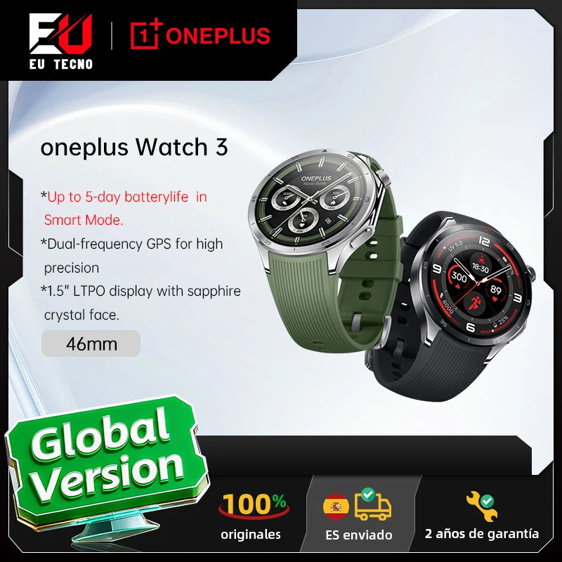 ⌚ OnePlus Watch 3 Global Version – Smartwatch Premium con Pantalla AMOLED LTPO de 1.50", GPS Dual y Wear OS