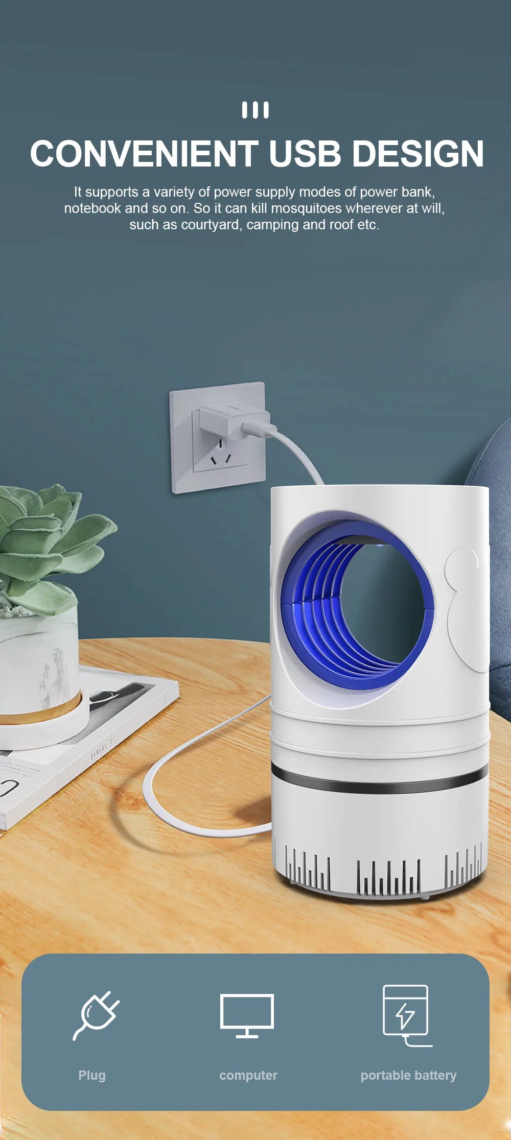1 PC Lámpara Eléctrica Mata Moscas, Mosquitos e Insectos con Luz LED, Trampa de Control de Plagas de Tamaño Compacto, Alimentación por USB y Adaptador Incluido.