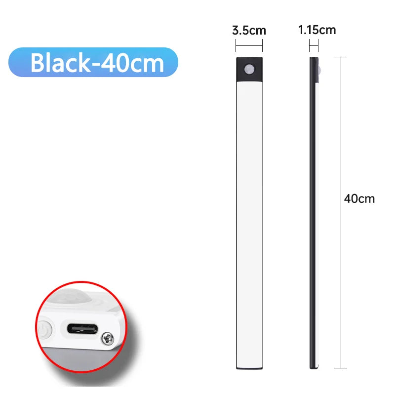 Luz LED Recargable USB Tipo C   Se enciende automáticamente al detectar movimiento. Disponible en 10 cm, 20 cm, 30 cm, 40 cm y 50 cm.