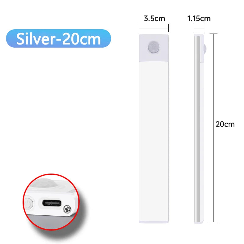 Luz LED Recargable USB Tipo C   Se enciende automáticamente al detectar movimiento. Disponible en 10 cm, 20 cm, 30 cm, 40 cm y 50 cm.