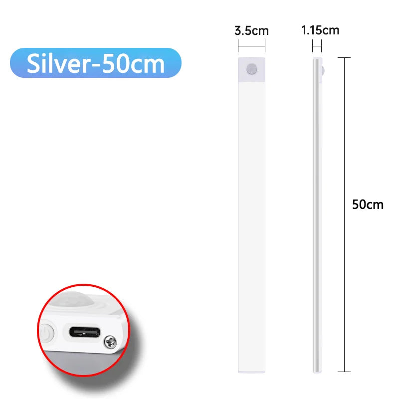 Luz LED Recargable USB Tipo C   Se enciende automáticamente al detectar movimiento. Disponible en 10 cm, 20 cm, 30 cm, 40 cm y 50 cm.