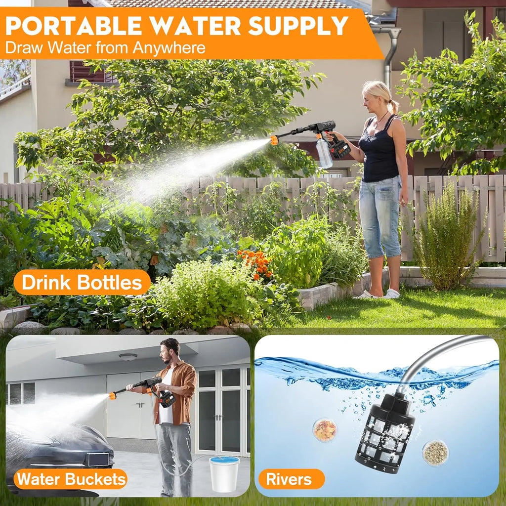Hidrolavadora Inalámbrica de Alta Presión 48V con 2 Baterías – Pistola de Agua Multifuncional para Lavado de Autos, Jardines y Limpieza Exterior