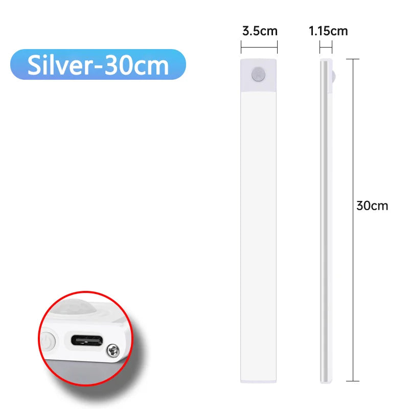 Luz LED Recargable USB Tipo C   Se enciende automáticamente al detectar movimiento. Disponible en 10 cm, 20 cm, 30 cm, 40 cm y 50 cm.