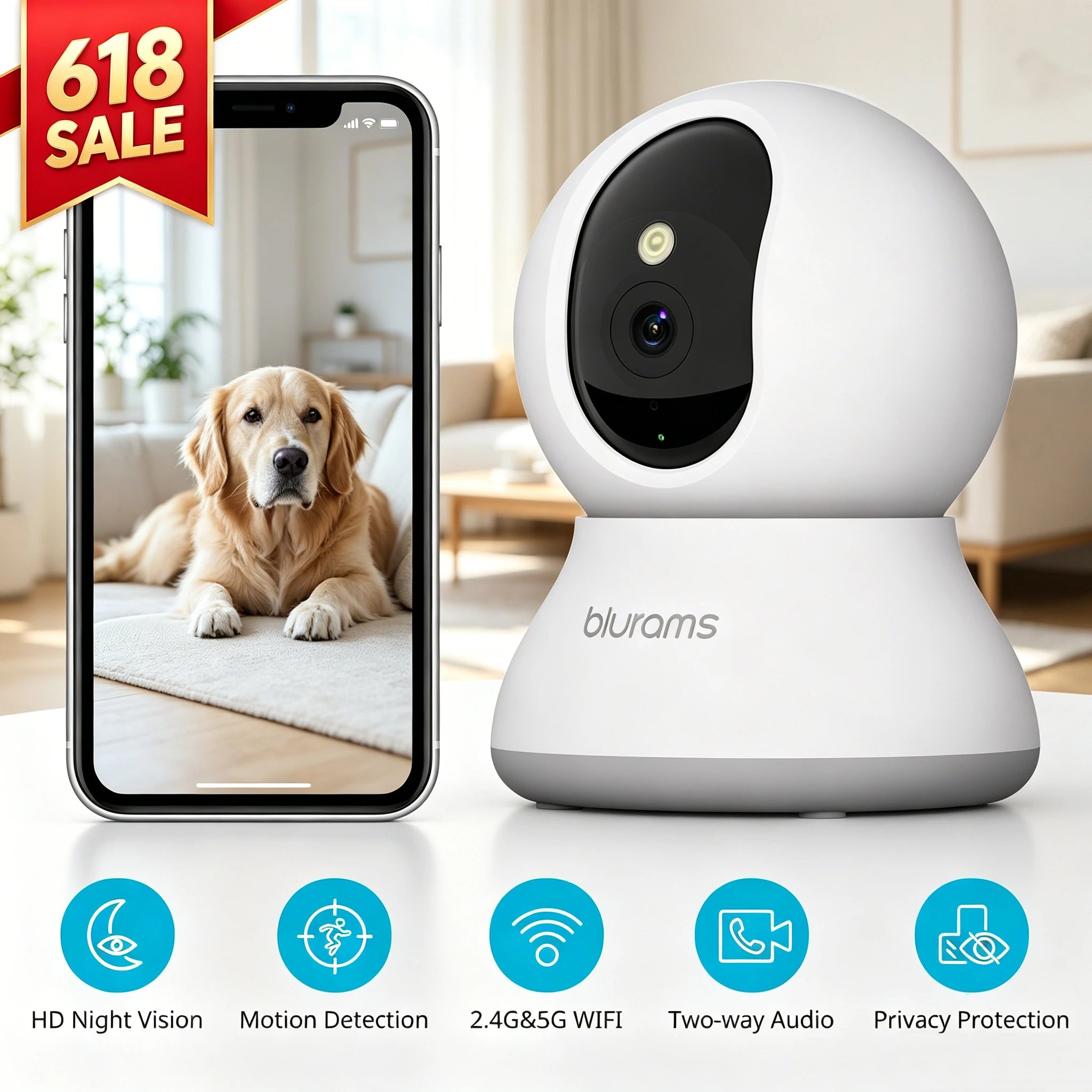 Cámara de seguridad interior Blurams 2K, cámara de seguridad para el hogar para perros/personas mayores, cámara de seguridad con llamada de un toque - Actualización A31S-2pc
