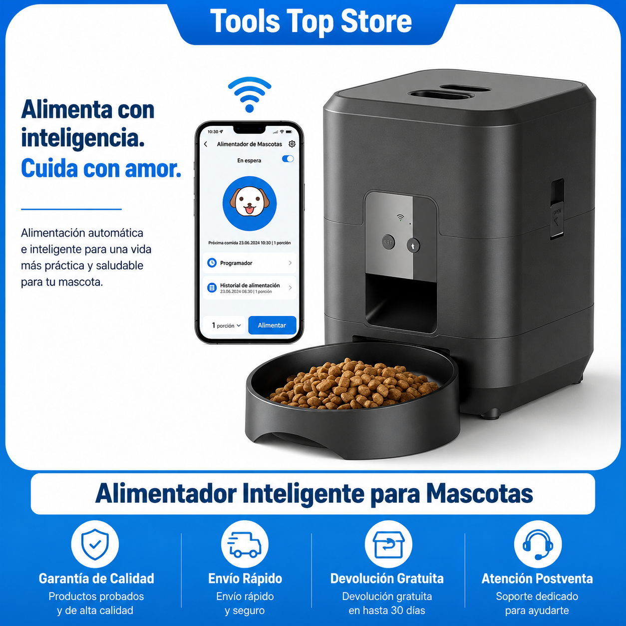 Comedero Automático Inteligente para Mascotas — Dispensador de Alimento Lento para Gatos y Perros con Programación de Tiempo y Cantidad, Conexión WiFi