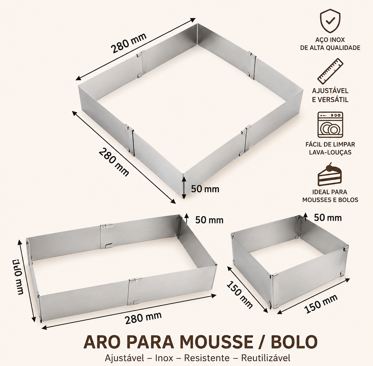 Molde Ajustable de Acero Inoxidable para Repostería – Aro para Mousse, Decoración de Tartas DIY, Molde Cuadrado para Pasteles y Herramienta de Horneado para Postres