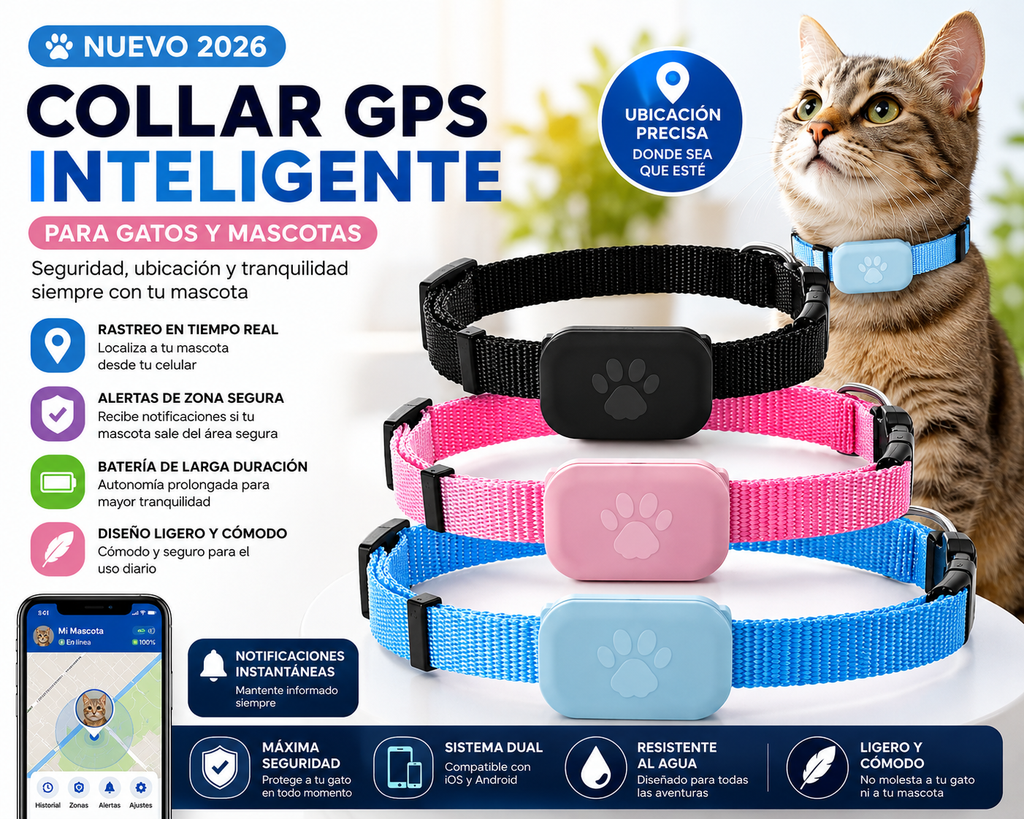 Collar GPS Inteligente para Gatos 2026 | Rastreador Multifunción para Mascotas con Sistema Dual